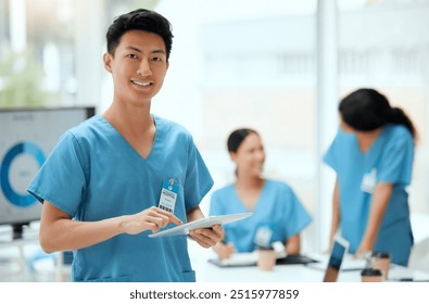 Man, medical student and happy with tablet on teamwork and collaboration for medicine research. People, internship program and smile on portrait with meeting for group work and assignment at clinic - Powered by Shutterstock