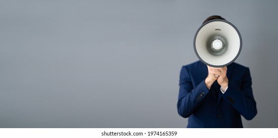 Man With Megaphone Warning Voice Announcement Concept