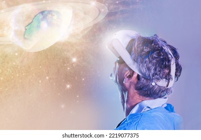 Man, metaverse or virtual reality for planet hologram, solar system or universe galaxy and manifestation or subconscious 3d. Vr headset, futuristic or solar system stars abstract in ai fantasy vision - Shutterstock ID 2219077375