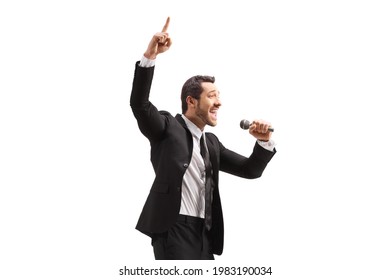 Man with a microphone pointing up isolated on white background