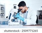 Man, microscope and analysis research in laboratory, biochemist and innovation healthcare study or virus sample. Investigation, cure development and examine or breakthrough, medical and equipment