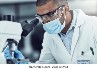 Man, microscope and science at lab with face mask, ppe and perspective for mpox vaccine development. Person, equipment and solution with pharma innovation, medicine and study for healthcare crisis