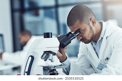 Man, microscope and scientist at lab for test, assessment and blood sample for mpox vaccine development. Person, equipment and research for pharma innovation, medicine or drugs for healthcare crisis