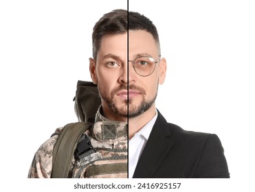 Man as military and businessman isolated on white, collage dividing portrait - Powered by Shutterstock