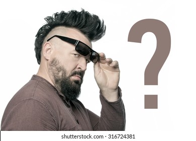 A man with a mohawk and beard with question mark, isolated