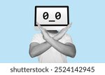 Man with monitor head representing AI robot crossing arms, no hand sign gesture, restricted symbol. Emoticon face, digital technology collage concept.