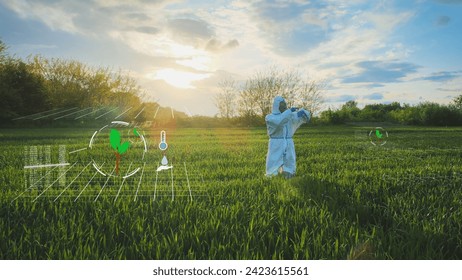 Man monitoring growth data from his smart watch, wearing a coverall. 3D Graphic, Digital Overlay - Powered by Shutterstock