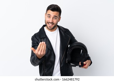 Man With A Motorcycle Helmet Inviting To Come