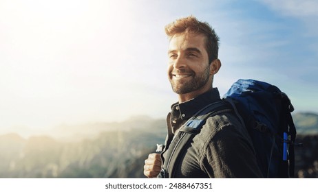 Man, mountain and backpacking for outdoor fitness, travel and hiking in nature for tourism journey. Male person, trekking and athlete for sky mockup space, adventure and exercise for holiday workout - Powered by Shutterstock