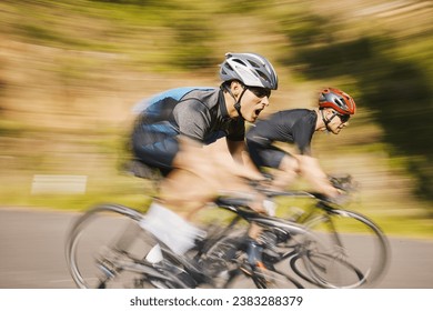 Man, mountain and cycling in motion blur, speed and helmet for training together, exercise and health in summer. Cyclist athlete, teamwork and fast for race, performance and workout with competition - Powered by Shutterstock