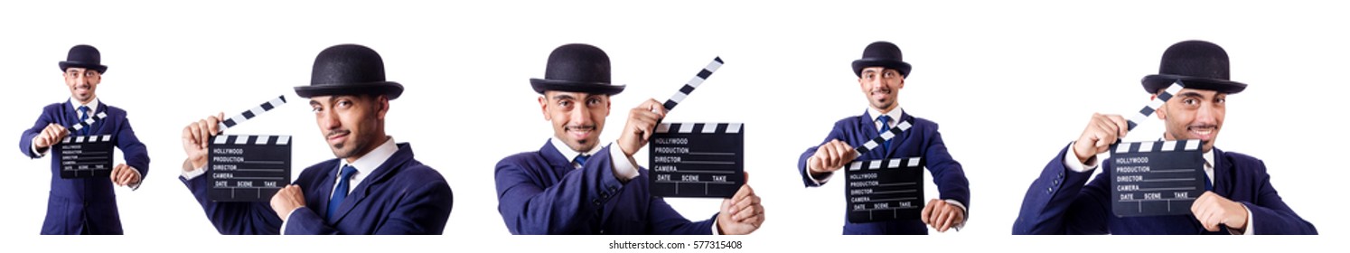 Man with movie clapper isolated on white - Shutterstock ID 577315408