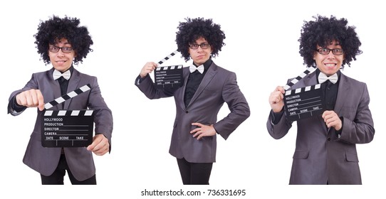 Mann mit Filmklappern einzeln auf Weiß