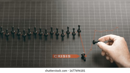 Man Moving Pawns Over A Red Chart To Recover From A Crisis. Business Continuity Plan Or Disaster Recovery Concept. Composite Image Between A Hand Photography And A 3D Background.