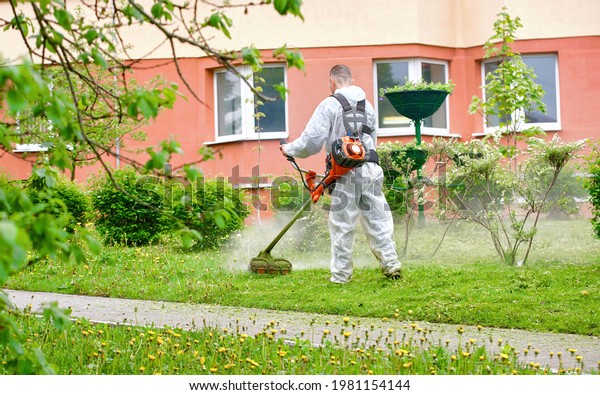 Man with mower trimming grass on lawn. Worker in\
white long sleeve coverall cutting grass in the city, man with weed\
trimmer mows dandelions. Grass trimmer works. Municipal worker with\
gasoline mower