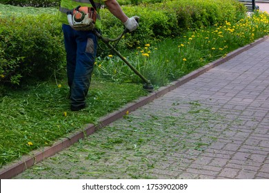 Man mows grass with a gasoline scythe.
