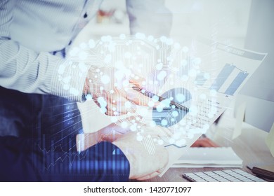 Man with multi exposure atificial intelligence brain icons.