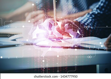 Man with multi exposure atificial intelligence brain icons.