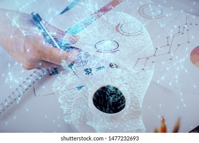 Man with multi exposure atificial intelligence brain icons.
