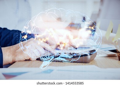 Man with multi exposure brain theme icons.