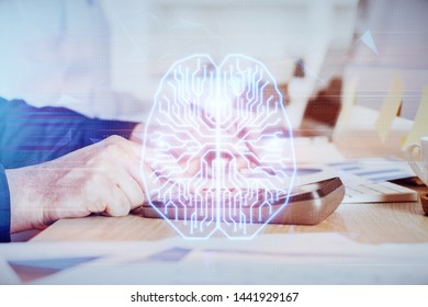 Man with multi exposure brain theme icons.