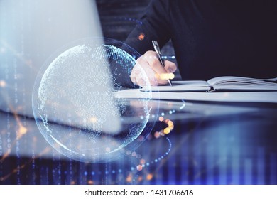 Man with multi exposure global network theme icons. - Shutterstock ID 1431706616