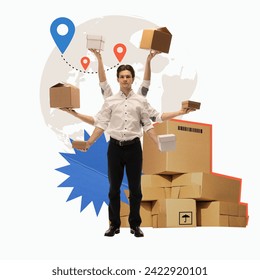 Man with multiple hands holding boxes with global map and location pins in background. Speed and accuracy in parcel deliver. Logistics, cargo companies, business, worldwide delivery services concept