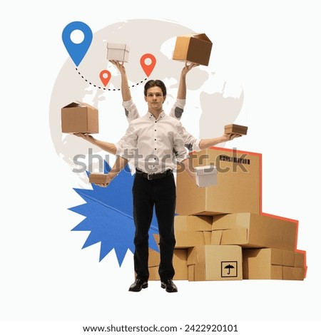 Man with multiple hands holding boxes with global map and location pins in background. Speed and accuracy in parcel deliver. Logistics, cargo companies, business, worldwide delivery services concept