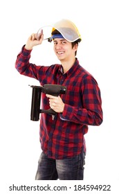 Man With A Nail Gun On A White Background