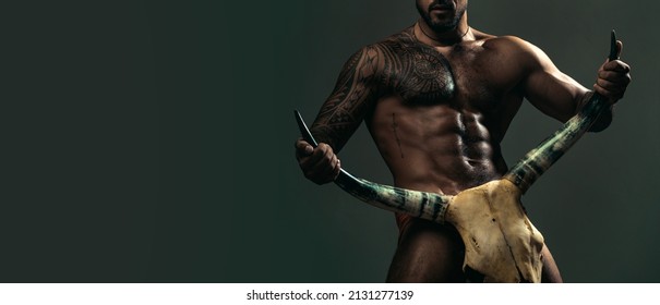 Man With Naked Torso, Muscle, Strong Body. Bull Horn. Sexy Gay With Erotic Masculine Body Six Pack Hold Bull Horns.