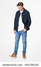 Man In Navy Jacket And Jeans Streetwear Full Body