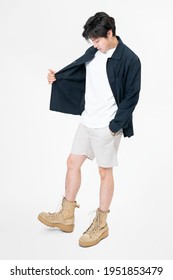 Man In Navy Jacket And Shorts Streetwear Full Body