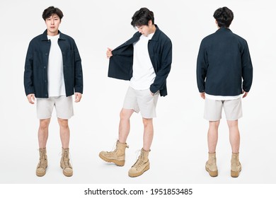 Man In Navy Jacket And Shorts Streetwear Set