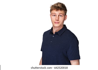 Man In Navy Polo T-shirt On White Background With Smile.