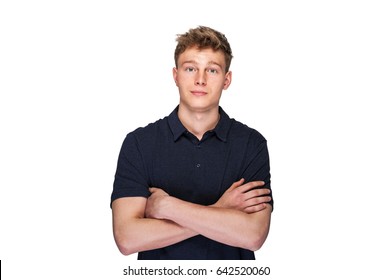 Man In Navy Polo T-shirt On White Background With Smile.