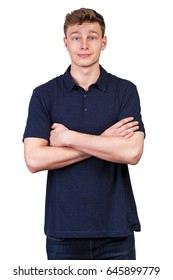 Man In Navy Polo T-shirt On White Background With Smile.