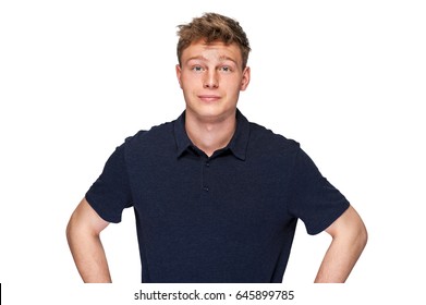 Man In Navy Polo T-shirt On White Background With Smile.