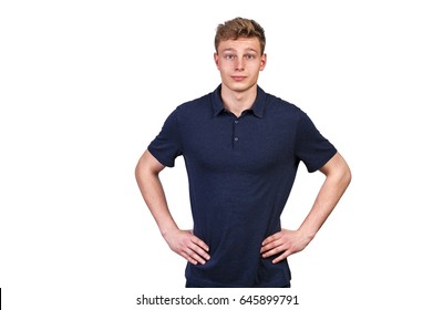 Man In Navy Polo T-shirt On White Background With Smile.