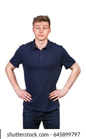 Man In Navy Polo T-shirt On White Background With Smile.