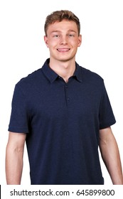 Man In Navy Polo T-shirt On White Background With Smile.