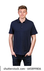 Man In Navy Polo T-shirt On White Background With Smile.