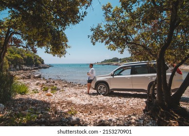 Man Near White Suv Car At Summer Sea Beach Freedom Travel Concept