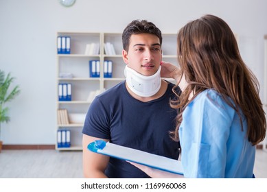 Man With Neck Injury Visiting Doctor For Check-up