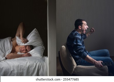 Man At Night Can't Fall Asleep Because Of The Noisy Neighbor
