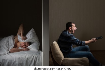 Man At Night Can't Fall Asleep Because Of The Noisy Neighbor