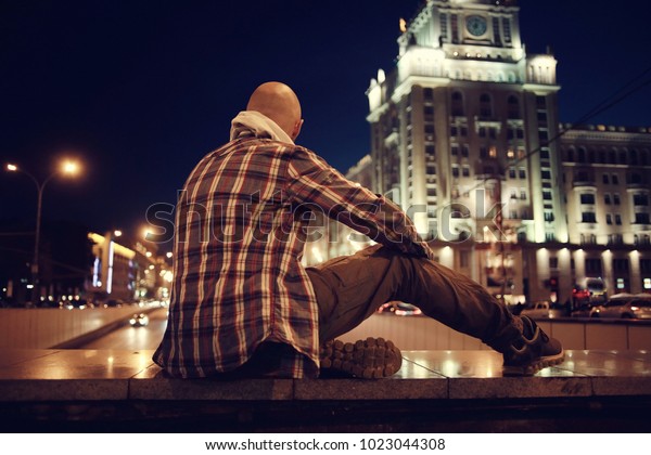 Man Night City Lights Urban Lonely People Stock Image 1023044308