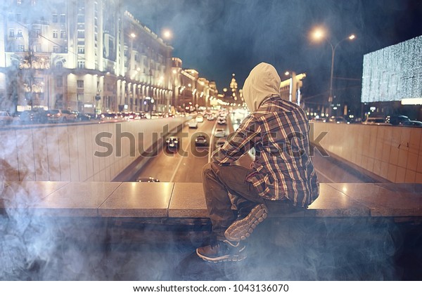 man night city lights, urban\
lonely guy concept, stress, road, car city lights in the\
background