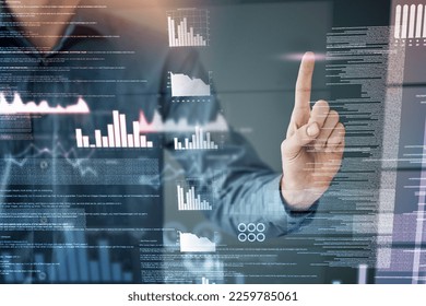 Man, night and overlay for data analytics by chart, graph and tech innovation for planning in office. Information technology expert, 3d holographic or hand for web design, focus or fintech for budget