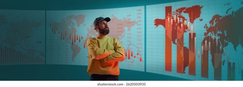 Man observing global financial statistics on digital wall with red bar charts showing economic decline. Concept of business, graphics, economy, stock, market trends, data analysis.