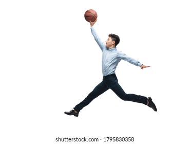 Man In Office Clothes Playing Basketball On White Background