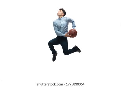 Man In Office Clothes Playing Basketball On White Background